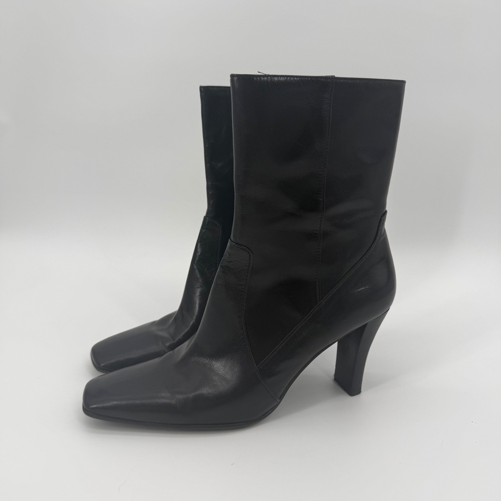 Nine West Black Leather Square Toe Mid Calf Boots High Heel Vintage Style 8.5M